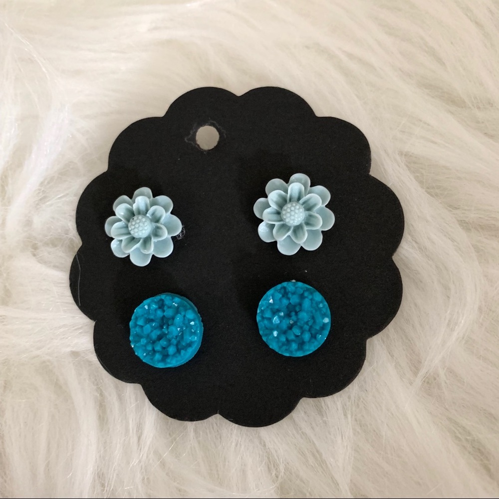 NWT Floral Teal Raw Druzy Earring Stud Duo Set - Picture 3 of 4